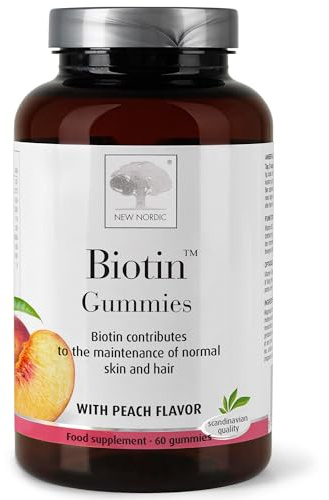 New Nordic Biotin Gummies, Peach Flavour, Skin & Hair Support, Vegan, 60 ct | Normal macronutrient metabolism, supports skin & hair health, no artificial sweeteners or colours, clean formula, 2 every day