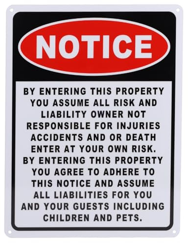 Schild Keine Verantwortung für Unfälle Oder Verletzungen, 23x30cm Großes Warnschild aus Aluminium mit Befestigungslöchern Wetterfester Eigentumshinweis für Haftungsausschluss zur Sicherheit