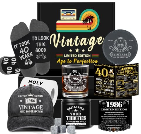 40th Birthday Gifts for Him, Happy 40th Birthday Decorations for Men | 40 Year Old Gifts for Man Who Have Everything, 1986 Birthday Gift Baskets for Men Whiskey Glass Baseball Cap Socks Stones