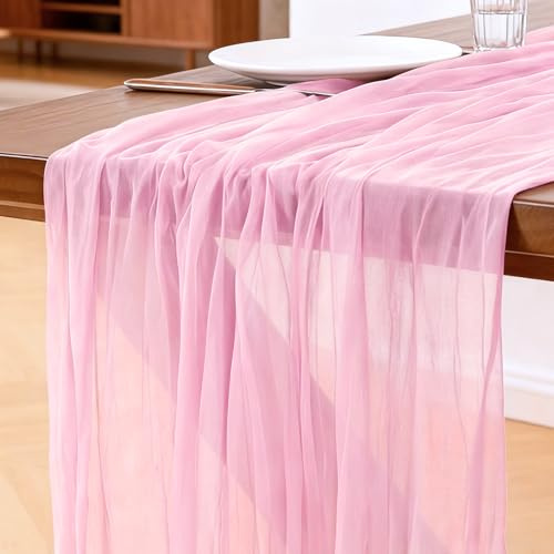 Käsetuch Tischläufer Hellrosa, 300 x 90 cm Boho Gaze Tischläufer Cheesecloth Läufer für Hochzeit, Geburtstagsfeiern, Babypartys, Weihnachten und Silvester von Tisch Dekoration