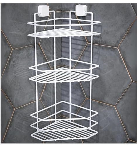 TheOwnas 3-Tier Shower Corner Caddy Stand | Wall-Mounted Bathroom Shelf with Strong Adhesive | No-Drill, Rustproof Black Metal Bahtroom Organiser | Space-Saving Storage for Shower & Bathroom (White)