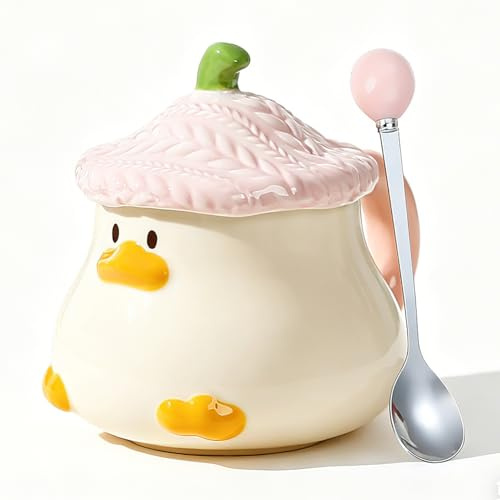 Niedliche 3D Enten Kaffeetasse 400ml aus Keramik, Lustige Cartoon Tasse mit Deckel & Löffel 11,5cm, Kakaobecher für Tee, Kaffee, Kakao, Geschenk für Valentinstag, Geburtstag, Muttertag (Rosa)