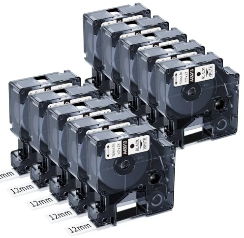 Oozmas A45013 Etikettenband Kompatibel mit Dymo D1 12mm x 7m,10er-Pack | 45013 S0720530 Black White, Kompatibel mit Dymo LabelManager 160 210D 260P 280 360D 420P, Schwarz auf Weiß