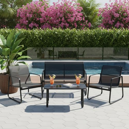 DazzlerE Gartenmöbel-Set für den Außenbereich, Gartentisch mit Stühlen, Belastbarkeit 110 kg, für Terrasse, Garten und Außenbereich, schwarz – 4-teilig, 1 Tisch + 1 Sofa + 2 Sessel