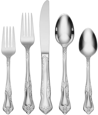 Oneida Silverware Set, Azalea 20 Piece Everyday Flatware Set, Service For 4, 18/0 Stainless Steel, Floral Design, Dishwasher Safe, Mirror Finish, Knives Spoons And Forks Sets (Silver, 20 Piece)