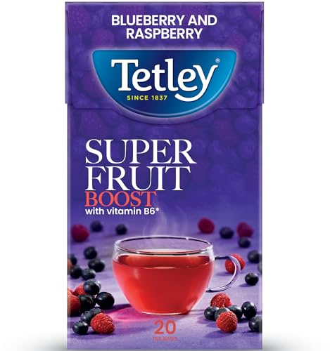 Tetley Boost Super Fruit Blueberry & Raspberry Fruit Tea, 20 Tea Bags | Herbal & Fruit Tea, Functional Blend, Britain's Tea, 85+ Years of Tea Heritage, Rainforest Alliance Certified, 20 Bag Box