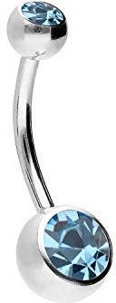 PIERCINGLINE Bauchnabelpiercing Chirurgenstahl 2 Kristalle Bananabell Piercing Silberfarben Hellblau 6 mm