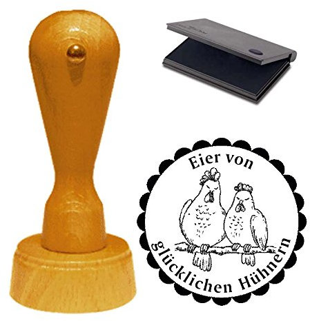 Stempel « Eier von glücklichen Hühnern » mit Motiv Hühnerpaar und schwarzem Kissen
