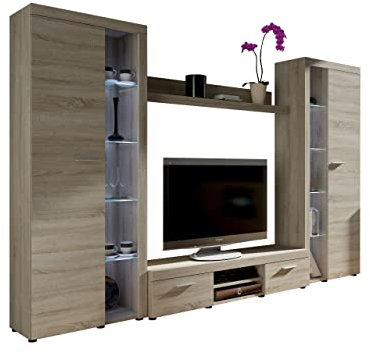 Wohnwand Rango XL, Modernes Wohnzimmer Set, Design Anbauwand, Schrankwand, Mediawand, Vitrine, TV Lowboard, (Sonoma Eiche, mit weißer LED Beleuchtung)