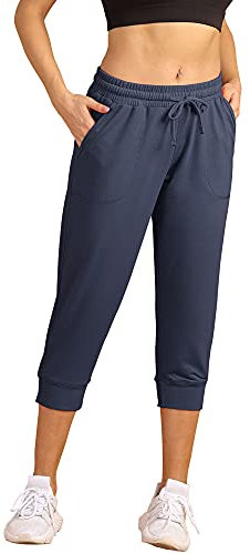 icyzone Damen Jogginghose 3/4 Sporthose Laufhose Loose Fit Sweathose Casual Capri Hose (M, Navy)