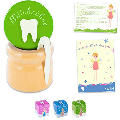 ZWEN MILCHZAHNDOSE Holz Schraubverschluss, Pinzette & Zahnfee-Brief + E-BOOK I Milchzahnbox für Mädchen & Jungen (Grün)