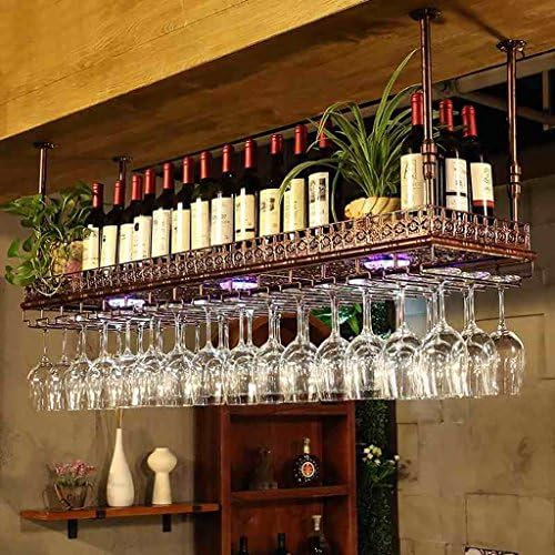 LYPGA Wine Glass Rack，Hanging Wine Glass Holder ，Vintage Wine Bottle Holder, Ceiling Decoration Wine Glass Rack，Adjustable Height and ，for Kitchen & Bars - Fixings Included (BRONZE, 100 * 35CM)