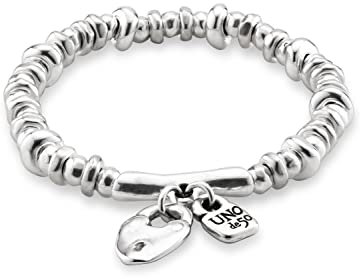 UNO de 50 | Pulsera Elástica Bañada en Plata de Ley | Charm Candado y Corazón |Joya Artesanal | Hecho en España