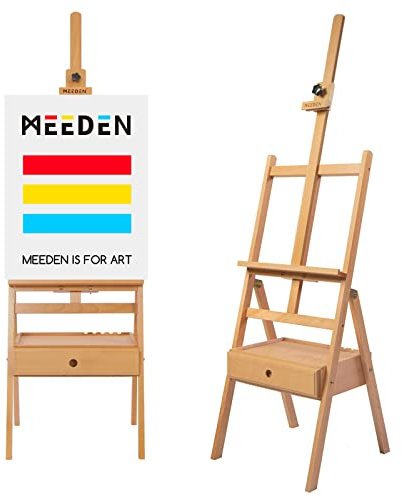 MEEDEN Studio H-Frame Easel with Art Supply Storage Drawer - Adjustable (60~75) Solid Beech Wood Easel Stand for Artists, Students and Adults, Holds Canvas Art up to 35