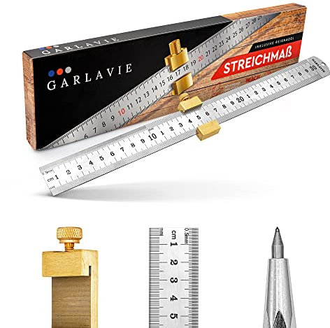 Garlavie Marking Gauge Ruler with Scriber - Stop Ruler 30 cm / 11.8 '' - Made of Stainless Steel - Scriber Made of Tungsten Steel - Carpenter Pro Gauge for Hobby and Professional
