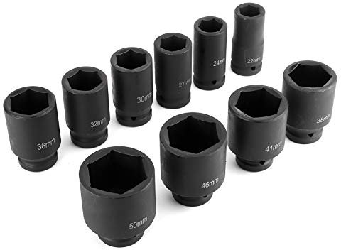 Wakects Juego de 10 llaves de vaso hexagonales de impacto con unidad de 3/4 pulgadas, kit de reparación automotriz portátil de 22-50 mm