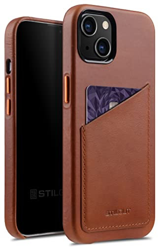 STILGUT Cover kompatibel mit iPhone 13 Hülle mit Kartenfach, Case aus Leder, Kartenhülle - Cognac Nappa