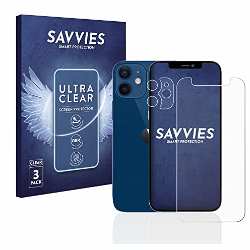Savvies 6 Stück Schutzfolie für Apple iPhone 12 mini (Display+Kamera) Displayschutz-Folie Ultra-Transparent