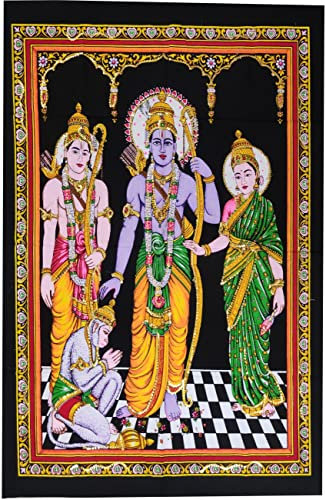 Purpledip Cotton Wall Poster Ram, Sita, Lakshman & Hanuman: Spiritual Hanging Unframed Sheet, Multicolor (20093)