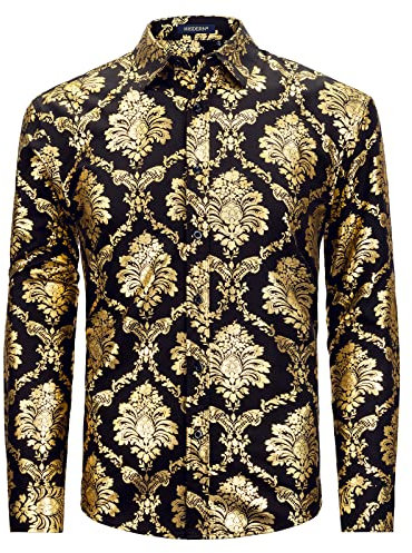 HISDERN Men's Luxury Shiny Gold Rose Printed Shirts Long Sleeve Button Down Paisley Floral Stylish Dress Shirts for Tuxedo Wedding Business Nightclub Prom Black L