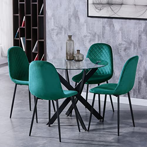 GOLDFAN Esstisch mit 4 Stühlen Esstisch Rund Glas Küchentisch Glas Tisch Esszimmerstuhl aus Samt, 80cm, Grün