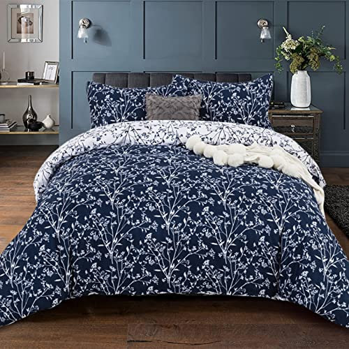 Floral Duvet Cover Navy White Reversible Bedding Set with 2 Pillowcases Soft Microfiber Duvet Cover Set with Zipper Closure for Adults Teens Kids (Double Size 3PCs 200x200cm)