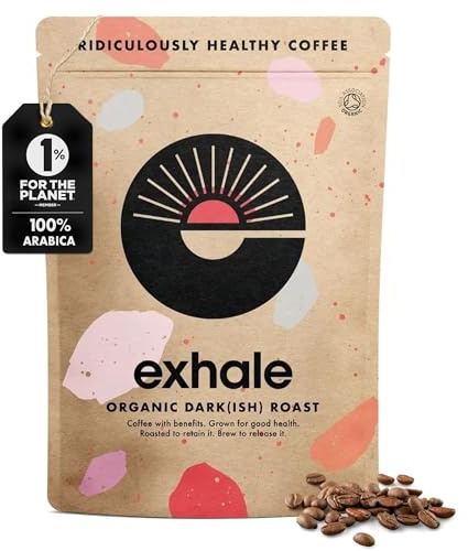 EXHALE Organic Wholebean Coffee - 450g Pack - Mycotoxin Free, Mould Free & Polyphenol Rich (Dark Roast, 450g)