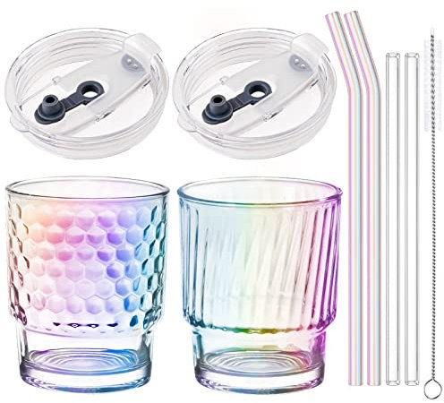 NiHome Glass Tumblers with Straws and Lids, Iridescent Iced Coffee Cup Drinking Glassware with Wide Mouth,Rainbow Glass Drinking Jars for Beer, Whiskey, Cocktail, Beverages & Soda Drinks, 2PCS 12oz