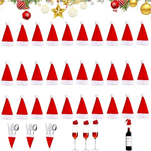 DONGSZQ Mini Weihnachtsmütze, 30 Stück Weihnachtsmütze Besteck, Weihnachtsmütze Tischdeko, Weihnachtsmützen Besteckhalter, für Tasse Besteck Flasche,DIY Xmas Home Party Tischdekoration