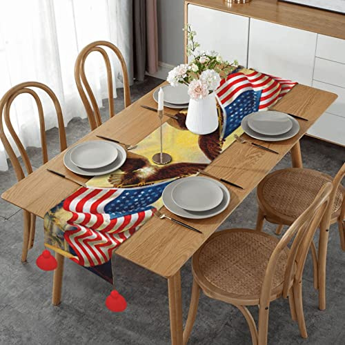 Tischläufer mit amerikanischer USA-Flagge, Adler-Kunst, 35,6 x 152,4 cm, Leinenimitat, für Abendessen, Weihnachten, Geburtstag, Party, Tischdekoration