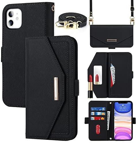 Cavor Case compatible with iPhone 11 Phone Case With Strap,Crossbody Flip Leather Wallet Case,[5 Card Holder][Mirror][Magnetic],Lanyard Case Cover for women - Black