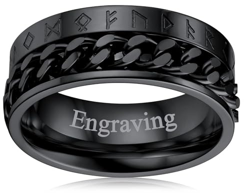 FaithHeart Fidget Ring for Men Viking Runes Anxiety Rings Stainless Steel | Hypoallergenic Waterproof Spinner Ring Silver/Black/Gold, Size O-Z+3(With Gift Box)