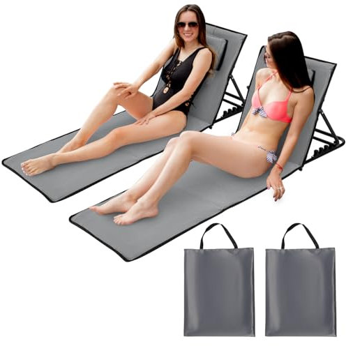 Sonnewelt Strandmatte,Strandliege leicht,Faltbares Strandkissen mit Lehne und Tragebeutel - Wasserdicht und tragbar,2er Set Beachmatte (Grau, 145x47cm)