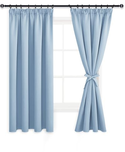 DWCN Wide Curtains with Tiebacks Blackout Curtains Pencil Pleat for Bedroom Thermal Insulated Curtains for Living Room 66 x 72 inch Length, Light Blue, 2 Panels