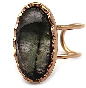 El Joyero Bagues élégantes en pierre de labradorite | Laiton avec anneaux plaqués or rose | Bague réglable | Joli bijou pour femme | Cadeau pour elle., adjustable, Laiton et pierre précieuse,