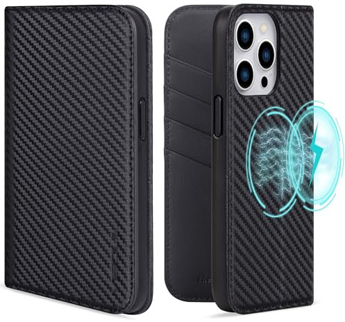 VISOUL Hülle für iPhone 15 Pro max,Schutzhülle Carbon Leder Kartenfach Magnetverschluss Stand Klapphüllen handyhülle Handytasche Etui Case Schwarz T