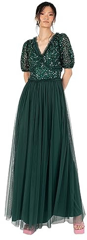 Maya Deluxe Women's Maxi Dress Ladies V-Neck Short Sleeve Sequin Embellished Tulle Ruffle for Wedding Guest Bridesmaid Ball Gown, Emerald Green, 20 UK