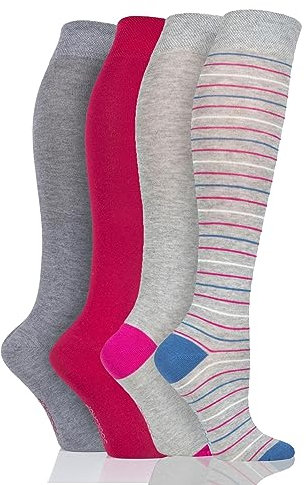 SockShop Ladies Bamboo Kneehigh Socks - Knee High Soft Breathable Cooling Socks with Smooth Toe Seams, Plain & Striped Size 4-8 Many Colours 4 Pair Multipack Alpine Red/Silver Glow 4-8