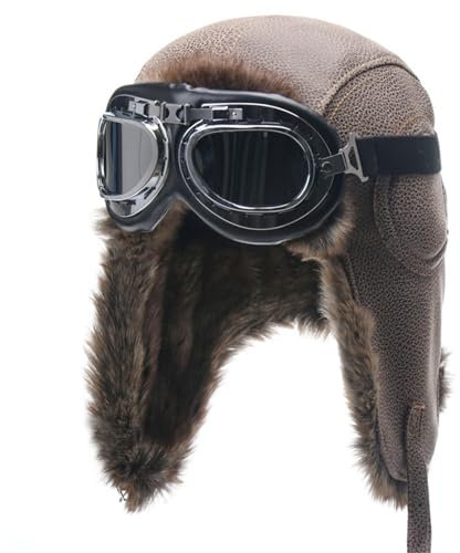 Lifup Unisex Vintage Fliegermütze und Brille, Trappermütze mit Kunstleder Fellmütze Herren Russenmütze, Hunting Hut mit Ohrenschützern aus Pelz Braun