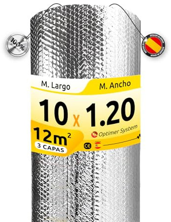 AISLANTE TERMICO MULTIUSOS PREMIUM | Reduce el Frio y el Calor |100% ALUMINIO| Rollo Aislante Termico para Ventana, Pared, Suelo, Techo, Coche, Garaje [ 1.20 X 10 ] (12m²) sin cinta