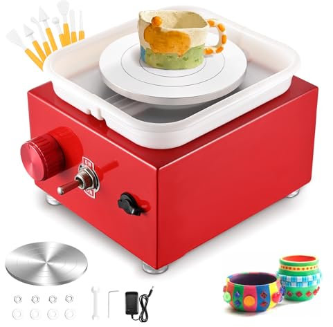 Couleeur Mini Ruota di Ceramica Elettrica,2000 Giri/min Macchina per Ceramica,Con vasca estraibile e piatto girevole da 6/10 cm, strumento per ceramica fai-da-te,rosso