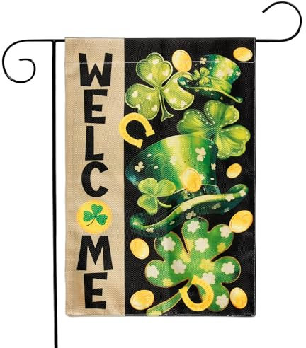 Drapeau de Saint-Patrick, 30x45cm Double Face Panneau de Bienvenue en Trèfle avec Chapeau Vert Pièces d'Or Bannière Irlandaise Saisonnière Décorations Printanières pour l'Extérieur Maison