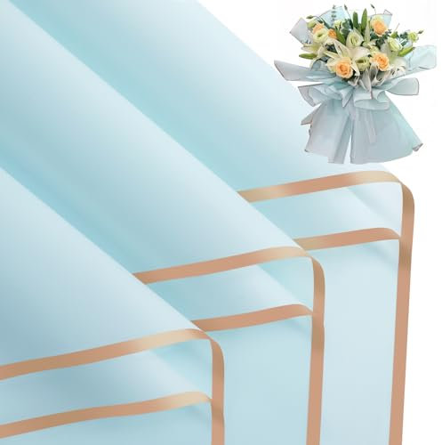 FUHITIM Geschenkpapier mit Blumenmotiv, wasserdicht, für Bastelarbeiten, Floristenbedarf, Verpackungspapier für Hochzeit, Geburtstag, 20 Blatt (hellblau)
