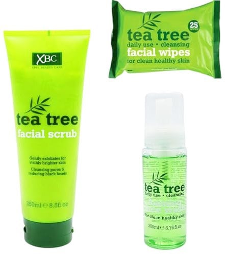 Tea Tree Face Wash 3pcs Set, Foaming Face Wash 200ml, Facial Scrub 250ml, Facial Wipes 25