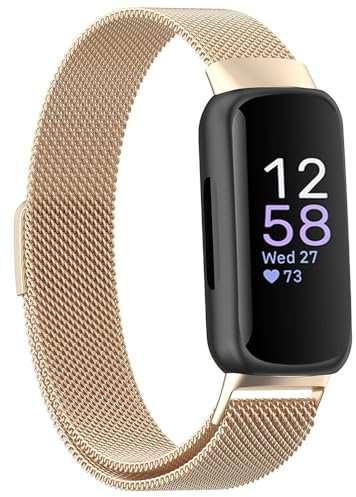 Moydolo Stainless Steel Metal Mesh Loop Adjustable Replacement Wristband Band Compatible with Fitbit Inspire 3 Straps - Champagne Gold
