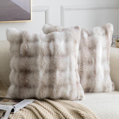 Madizz 2er Set Sanft Plüsch Kurze Wolle Samt Dekorativ Zierkissenbezüge Luxus Stil Kissenbezug für Sofa für Schlafzimmer Weiß Taupe 60x60 cm