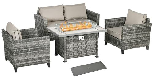 Outsunny 5 Pieces PE Rattan Garden Furniture Set with Gas Fire Pit Table, Loveseat Sofa, Armchairs, Patio Sofa Set with Cushions, Pillows, for Poolside, Grey