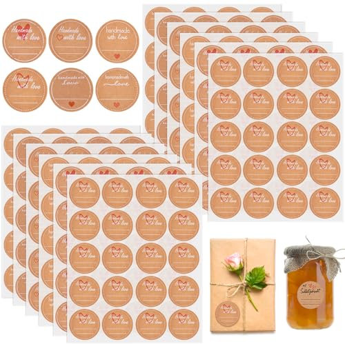 HEKOBAG 840 Stück Etiketten Marmelade Selbstklebend Kraftpapier Geschenkaufkleber Geschenk Sticker Rund Klebeetiketten ∅38mm Homemade Aufkleber zum Beschriften Marmeladenetiketten für Briefumschlag