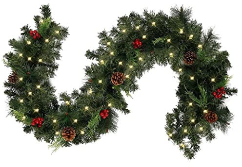 Illuminated Christmas garland, with fairy lights and pine berries, fir garland with lighting, Christmas decoration garland, for doors, fireplaces, stairs, wall door fireplace/battery operated (LED, 1