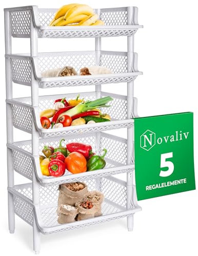 Novaliv 5 Stück Korbregal Weiß Steckregal Stapelbar & Erweiterbar, Regale für Vorratsraum, Lebensmittelregal, Obstregal Keller Aufbewahrungssystem, Vorratskammer Ordnungssystem, Getränkeregal